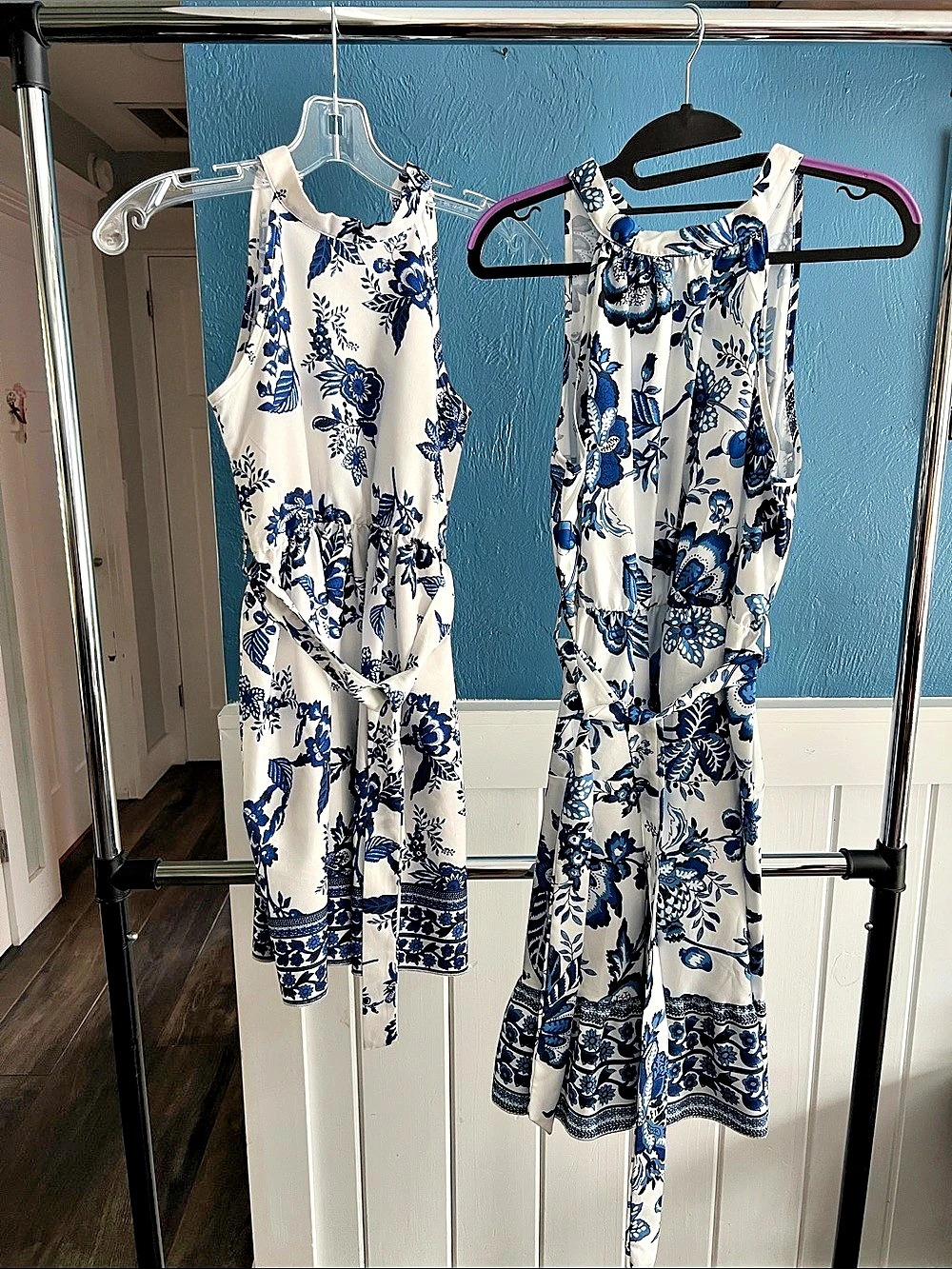 SHEIN MOD White And Blue Porcelain Printed Halter Dress
